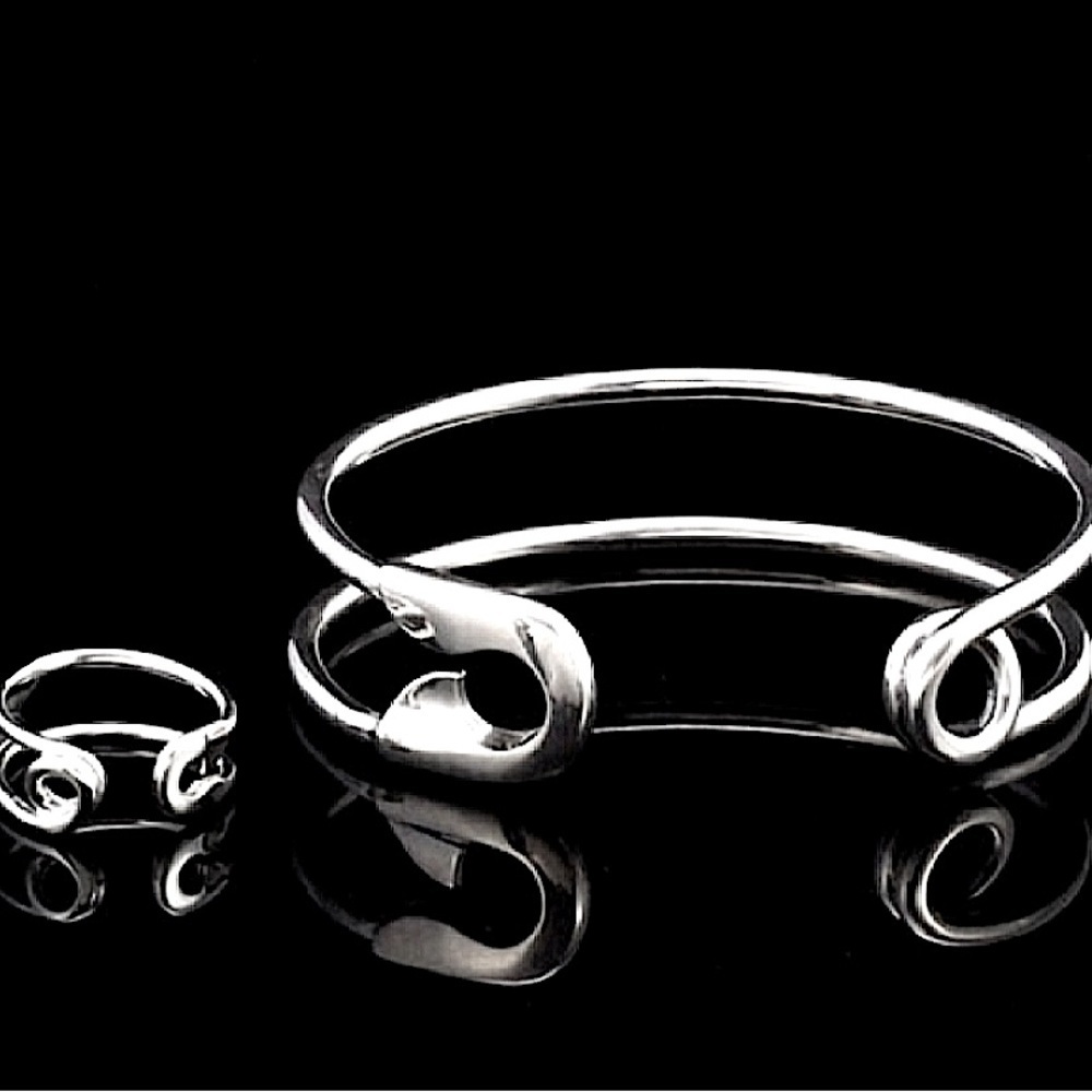 Sterling Silver Safety Pin Bangle Bracelet With Matching Ring